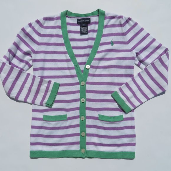 RALPH LAUREN Sweater Cardigan Top Shirt Girls 6X 100% Supima Cotton Stripes - Picture 1 of 14